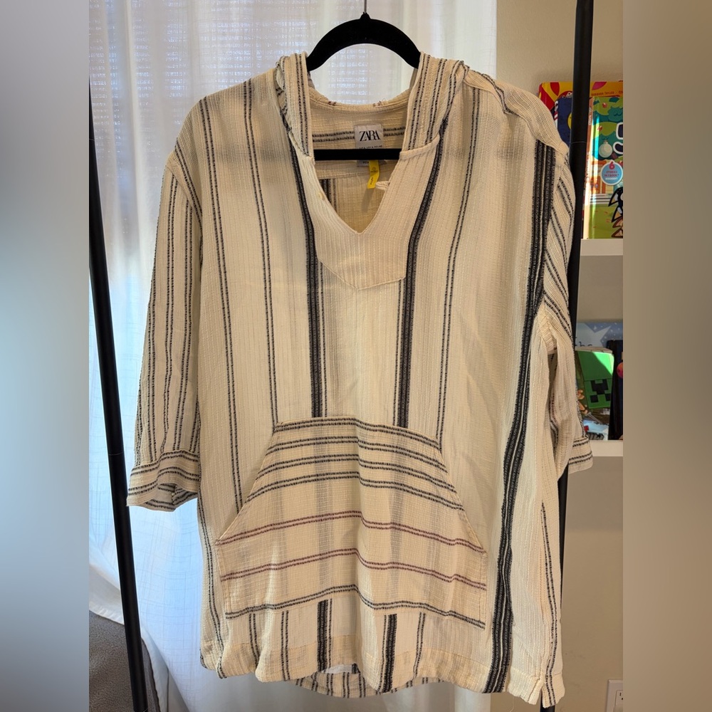Zara Black and Cream Striped Poncho Shirt